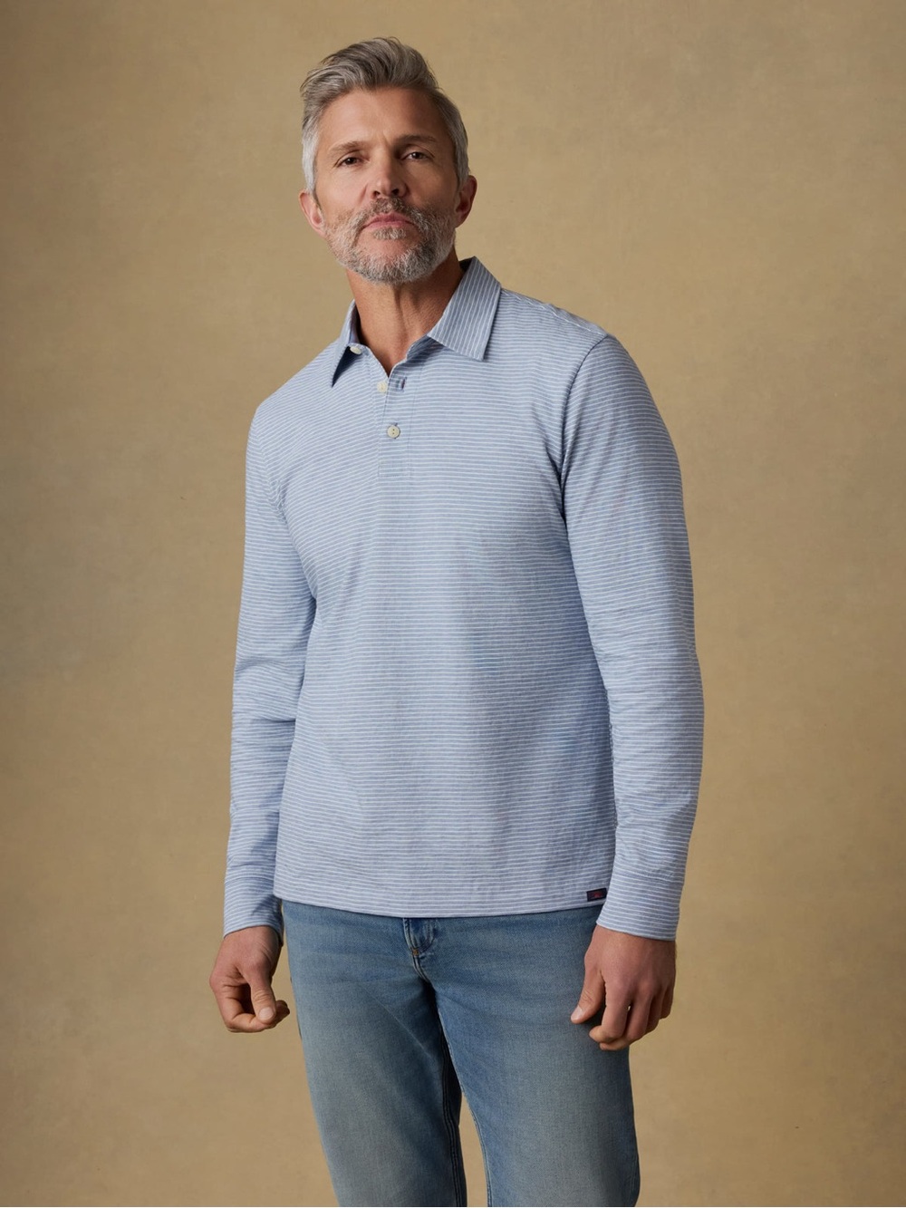 Faherty Sunwashed Regenerative T-Shirt Polo Dune Stripe Blue Long Sleeve Size L